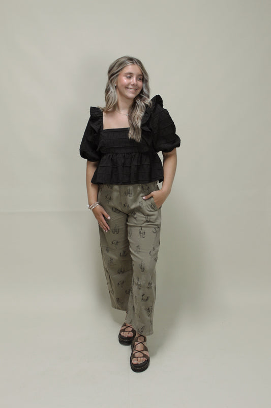 Western Print Denim Pants - Olive