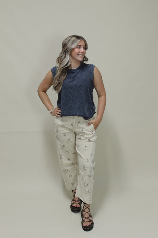 Western Print Denim Pants - Cream